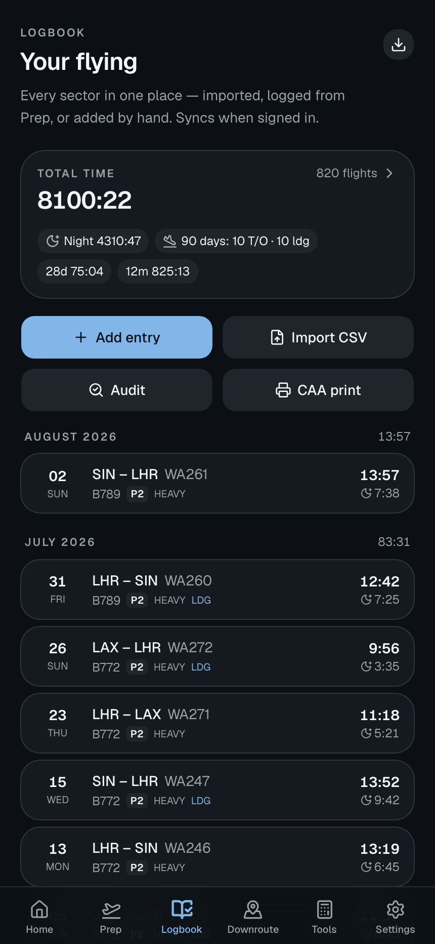 Wingman logbook with totals and flight list