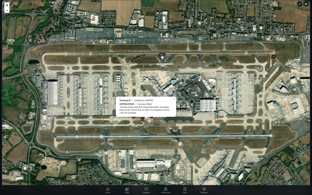 Fullscreen NOTAM map on Wingman — Taxiway B closed at Heathrow, drawn on the airport